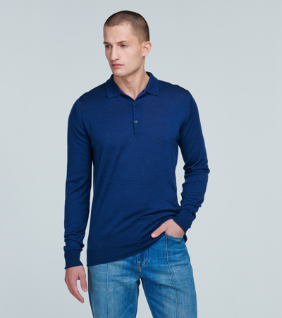 Shop John Smedley Wool Long-sleeved Polo Shirt In Blue