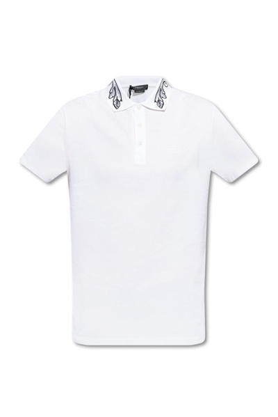 Shop Versace Logo Embroidered Short Sleeved Polo Shirt In White