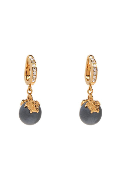 Shop Versace Embellished Pearl Drop Earrings In Black