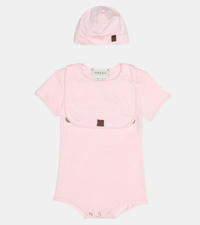 Shop Gucci Cotton Bodysuit, Bib And Hat Set In Pink