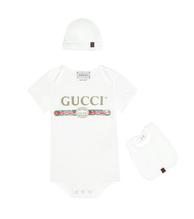 Shop Gucci Cotton Bodysuit, Bib And Hat Set In White