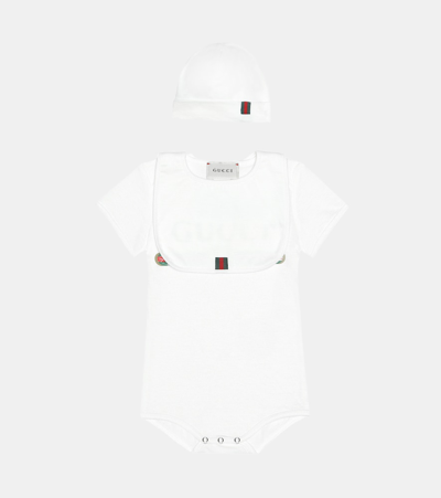 Shop Gucci Cotton Bodysuit, Bib And Hat Set In White