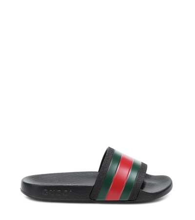 Gucci Black Webbing Stripe Printed Slides In Black
