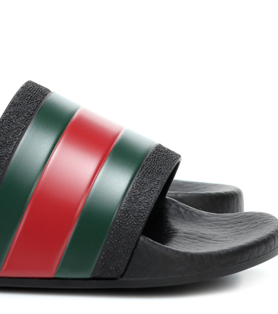 Gucci Black Webbing Stripe Printed Slides In Black