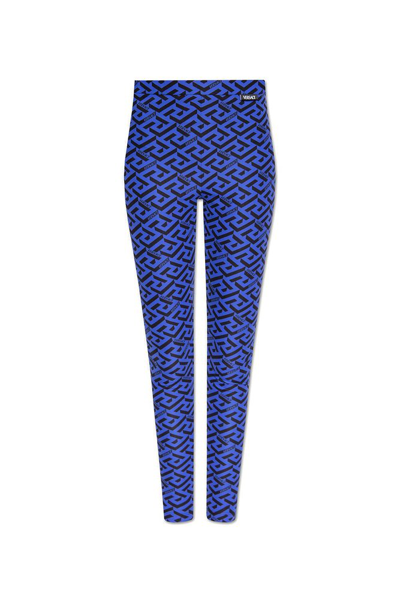 Shop Versace High Waist La Greca Print Leggings In Blue