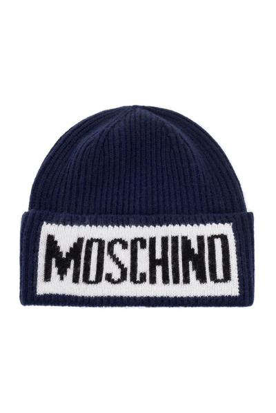 Shop Moschino Logo Detailed Knit Beanie In Navy