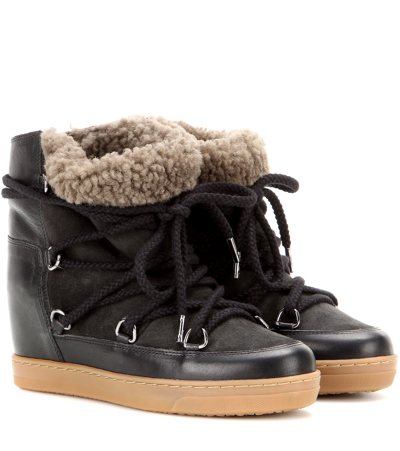 Shop Isabel Marant Nowles Shearling-trimmed Leather Ankle Boots In Black