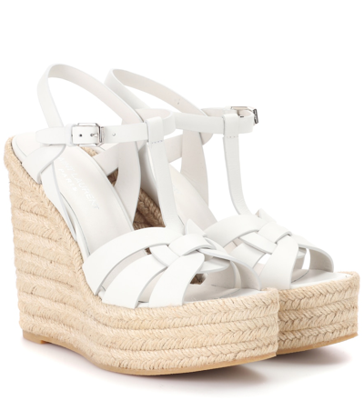 Saint Laurent Tribute Matte Leather Platform Espadrille Sandal In Porcellana