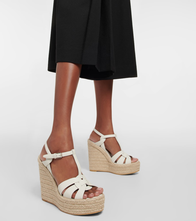 Saint Laurent Tribute Matte Leather Platform Espadrille Sandal In Porcellana