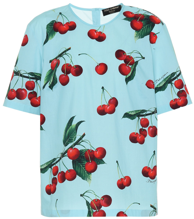 Shop Dolce & Gabbana Cherry Printed Cotton T-shirt In Blue