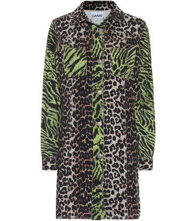 Shop Ganni Leopard-print Denim Shirt Dress In Multicoloured