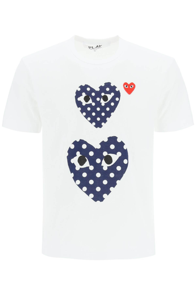 Shop Comme Des Garçons Play Polka Dot Heart T-shirt In White,blue
