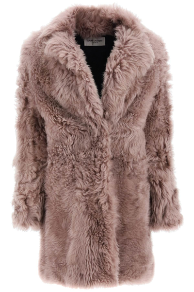Shop Saint Laurent Shearling Long Coat In Pink