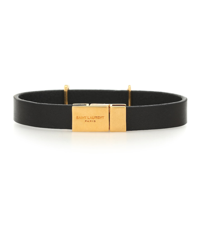 Saint Laurent Logo-plaque Leather Bracelet In Black