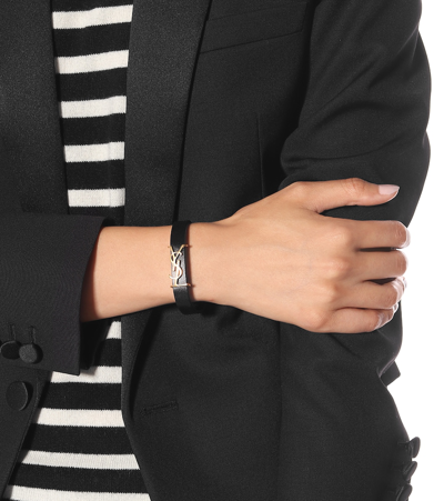 Saint Laurent Logo-plaque Leather Bracelet In Black