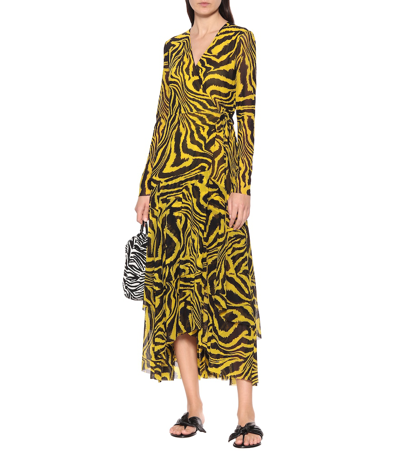 Shop Ganni Animal-print Mesh Wrap Dress In Yellow