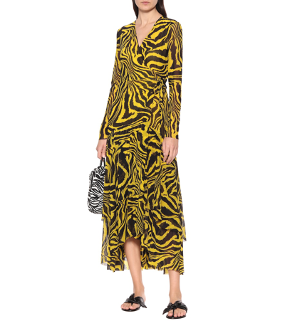 Ganni Animal-print Mesh Wrap Dress In Yellow