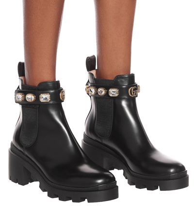 Shop Gucci Embellished Leather Ankle Boots In Noir