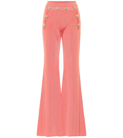 Shop Balmain High-rise Flared Knit Pants In Pink