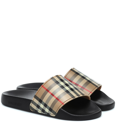 Burberry Check Slide Flat Open Toe Slippers In Black