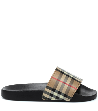 Burberry Check Slide Flat Open Toe Slippers In Black