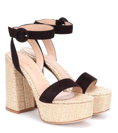 Shop Gianvito Rossi Suede And Raffia Platform Sandals In Brown