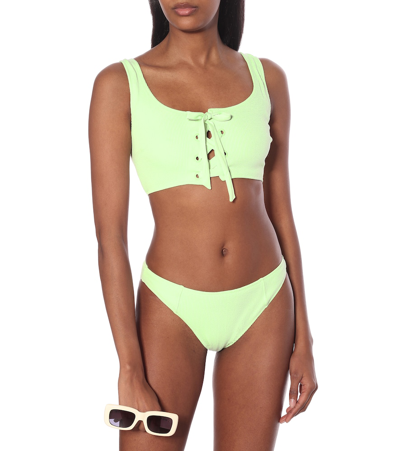 Ganni Stretch-seersucker Mid-rise Bikini Briefs In Green