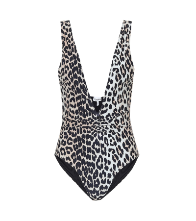 Shop Ganni Leopard-print Swimsuit In Black