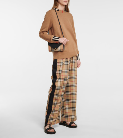 Burberry Stretch Cotton Pants With Check Pattern And Lateral Bands In Beige