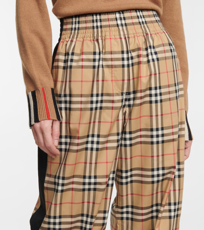 Burberry Stretch Cotton Pants With Check Pattern And Lateral Bands In Beige