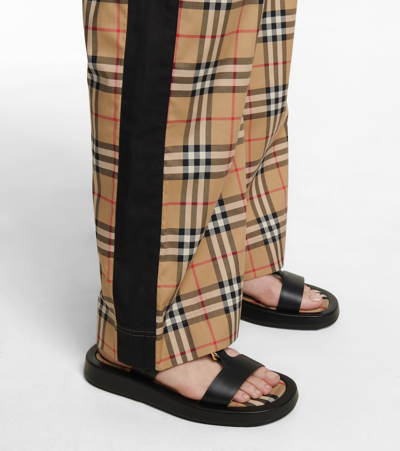 Burberry Stretch Cotton Pants With Check Pattern And Lateral Bands In Beige