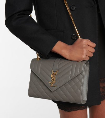 Shop Saint Laurent Envelope Medium Leather Shoulder Bag In Grey