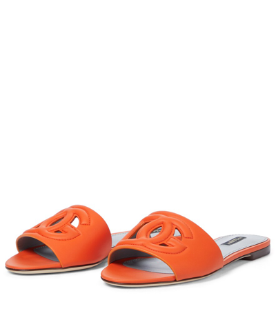 Dolce & Gabbana Slide Sandals In Orange Leather With Logo In Orange