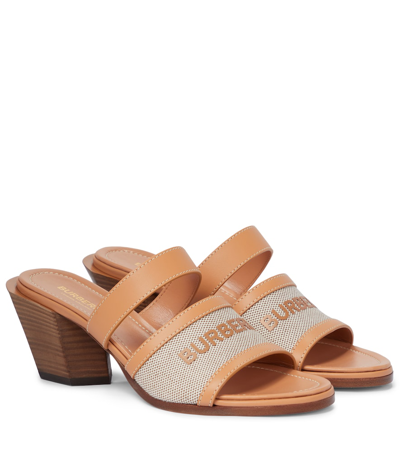 Shop Burberry Logo Leather-trimmed Sandals In Beige