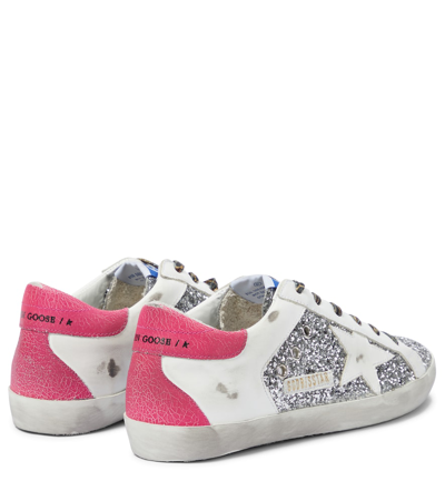 Shop Golden Goose Super-star Embellished Leather Sneakers In Silver/white/pink Fluo
