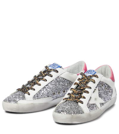 Shop Golden Goose Super-star Embellished Leather Sneakers In Silver/white/pink Fluo