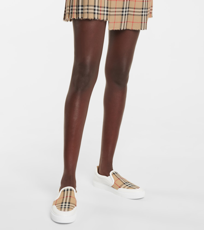 Shop Burberry Archive Check Leather Sneakers