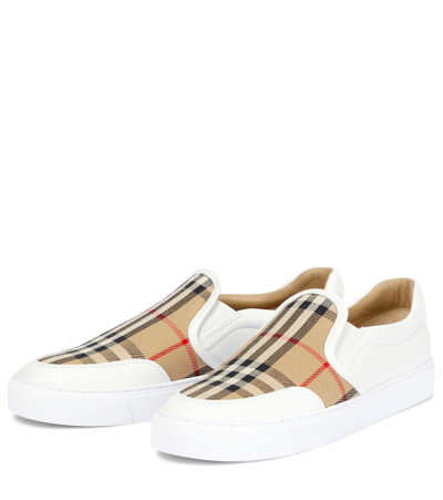 Shop Burberry Archive Check Leather Sneakers