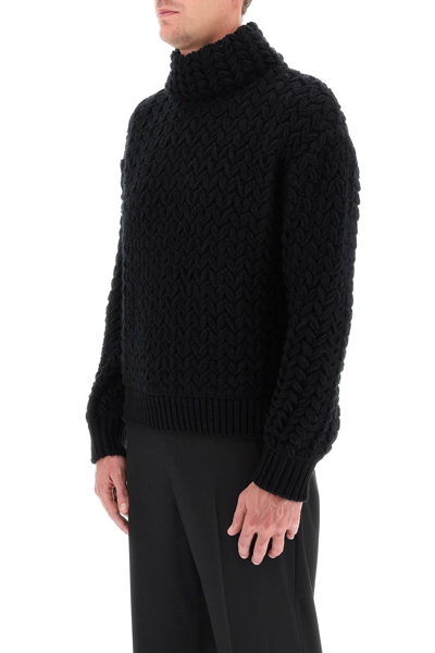 Shop Valentino Cable Knit Turtleneck Sweater In Black