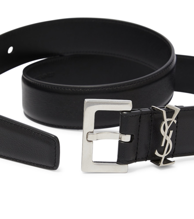 Saint Laurent Ysl Monogram Lizard Embossed Leather Belt In Black