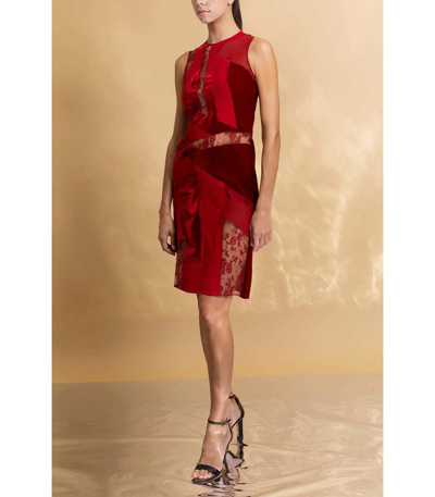 Shop Stella Mccartney Lace & Velvet Patchwork Dress In Cherry