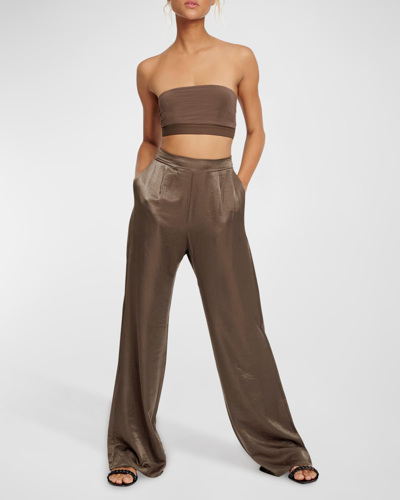 Shop Splendid Pleated High-rise Wide-leg Pants In Cacao