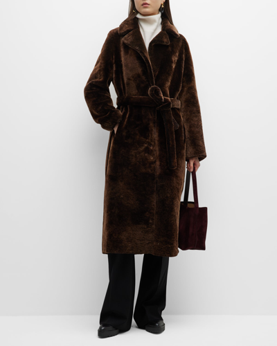 Shop Yves Salomon Suede Belted Long Coat In A3055-mordor