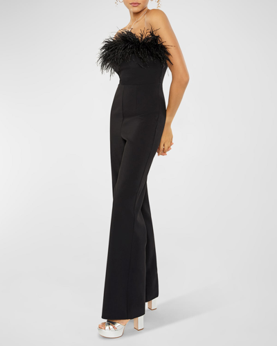Shop Likely Desi Strapless Feathered Flared-leg Jumpsuit In Black