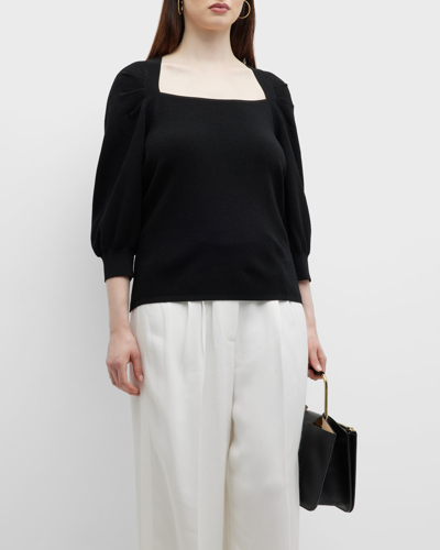 Shop Minnie Rose Plus Pleated Blouson-sleeve Ribbed Top In Black