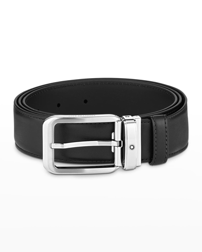 Shop Montblanc Men's Rectangle Pin Buckle Leather Belt In Black