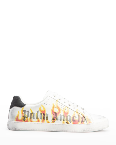 Shop Palm Angels Men's Palm 1 Sprayprint Leather Low-top Sneakers In White Yellow