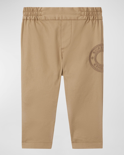 Shop Burberry Boy's Romeo Embroidered Logo Chino Trousers In Archive Beige