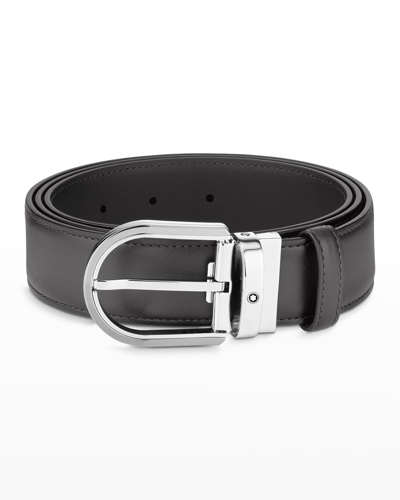 Shop Montblanc Men's Horseshoe Buckle Leather Belt In Grey
