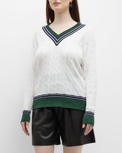 Shop Minnie Rose Plus Striped-trim Cable-knit Sweater In White Combo